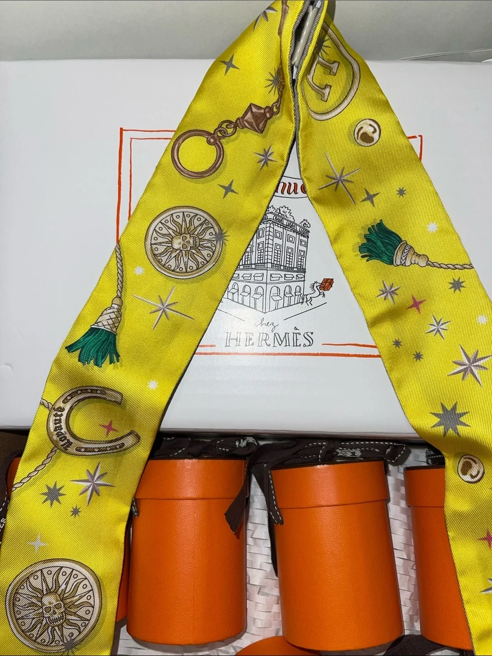 Hermés C’est La Fete Yellow & Grey Silk Twilly Scarf with Roses